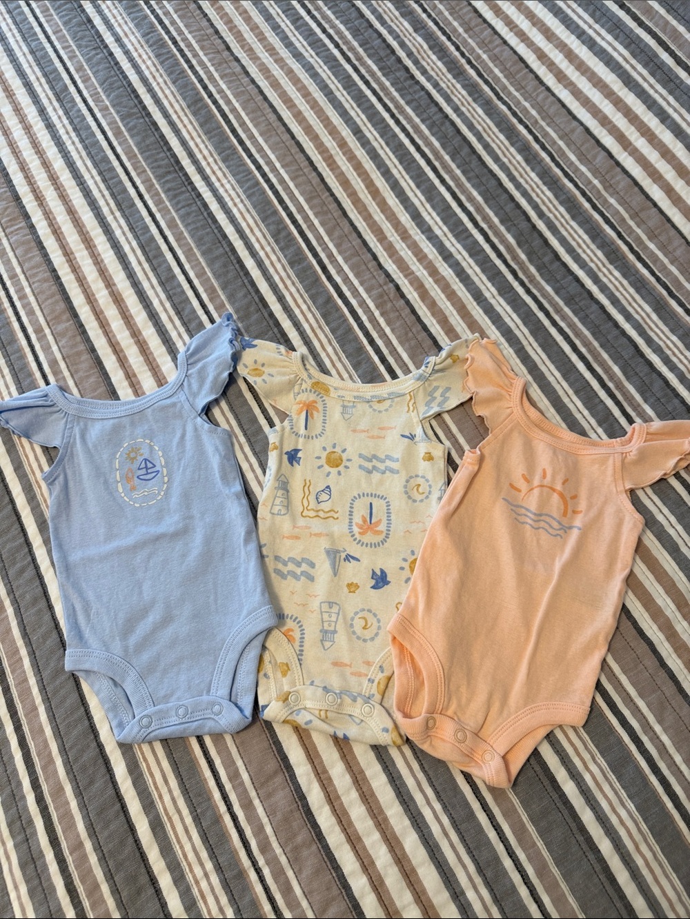 Carter's Light Blue, Cream & Peach Flutter-Sleeve Bodysuit Trio Never Worn